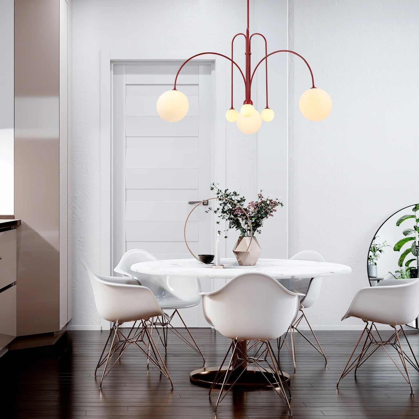 Hanglamp Art Deco met Boogvormige Armen en Glazen Bollen