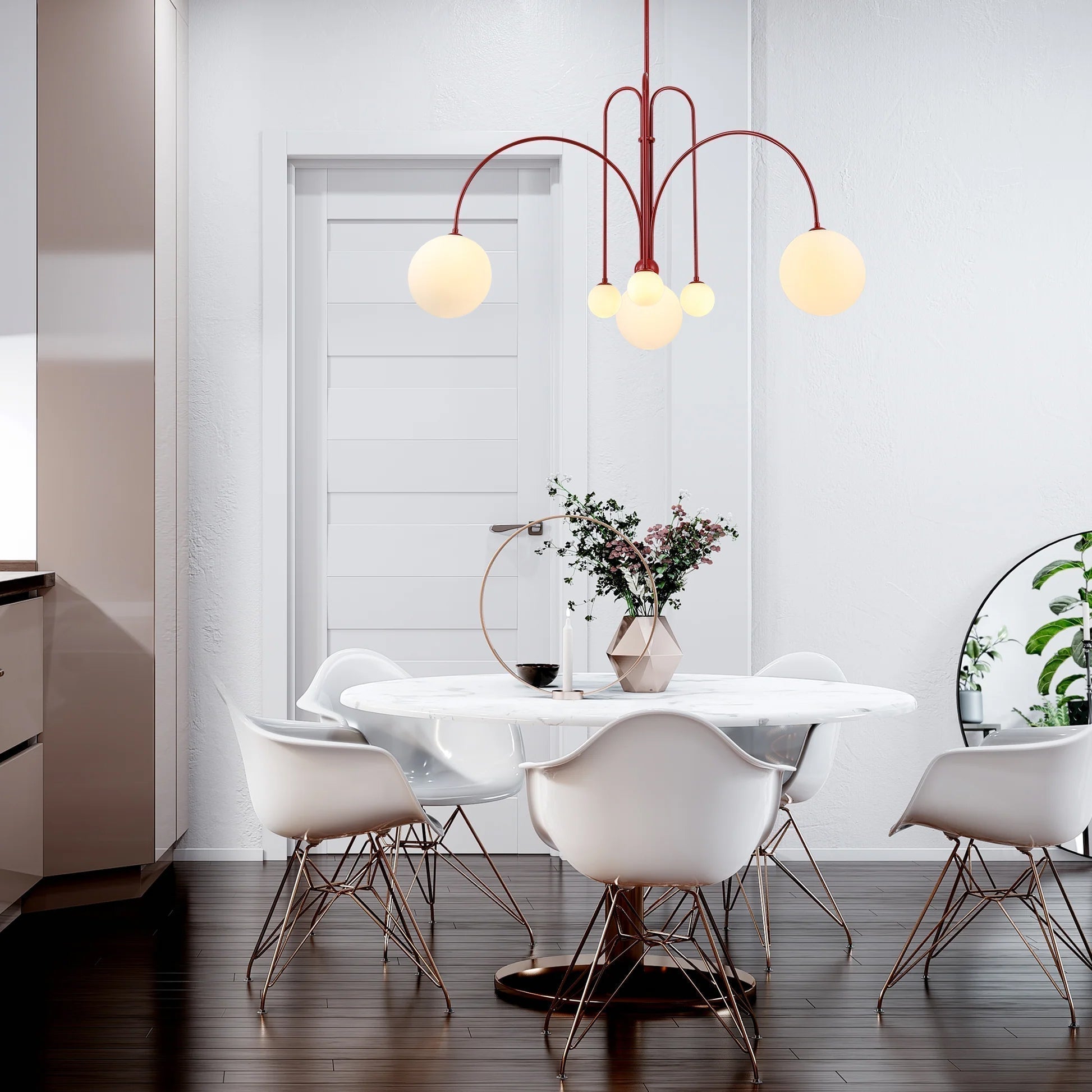 Hanglamp Art Deco met Boogvormige Armen en Glazen Bollen