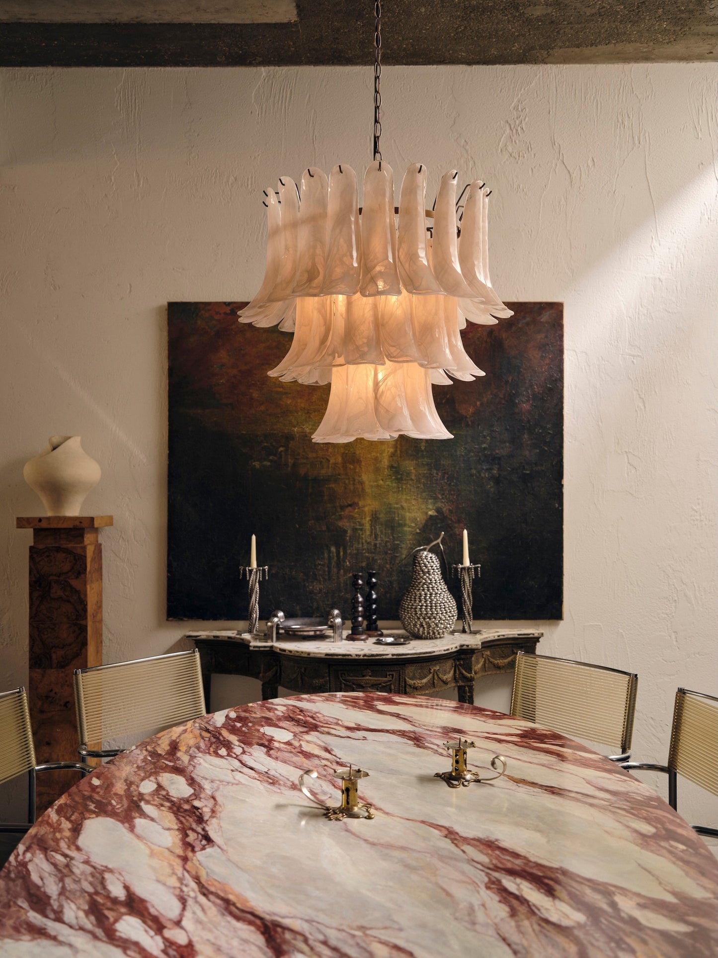 Hanglamp Art Deco met Gelaagde Glazen Bladeren en Messing Ketting