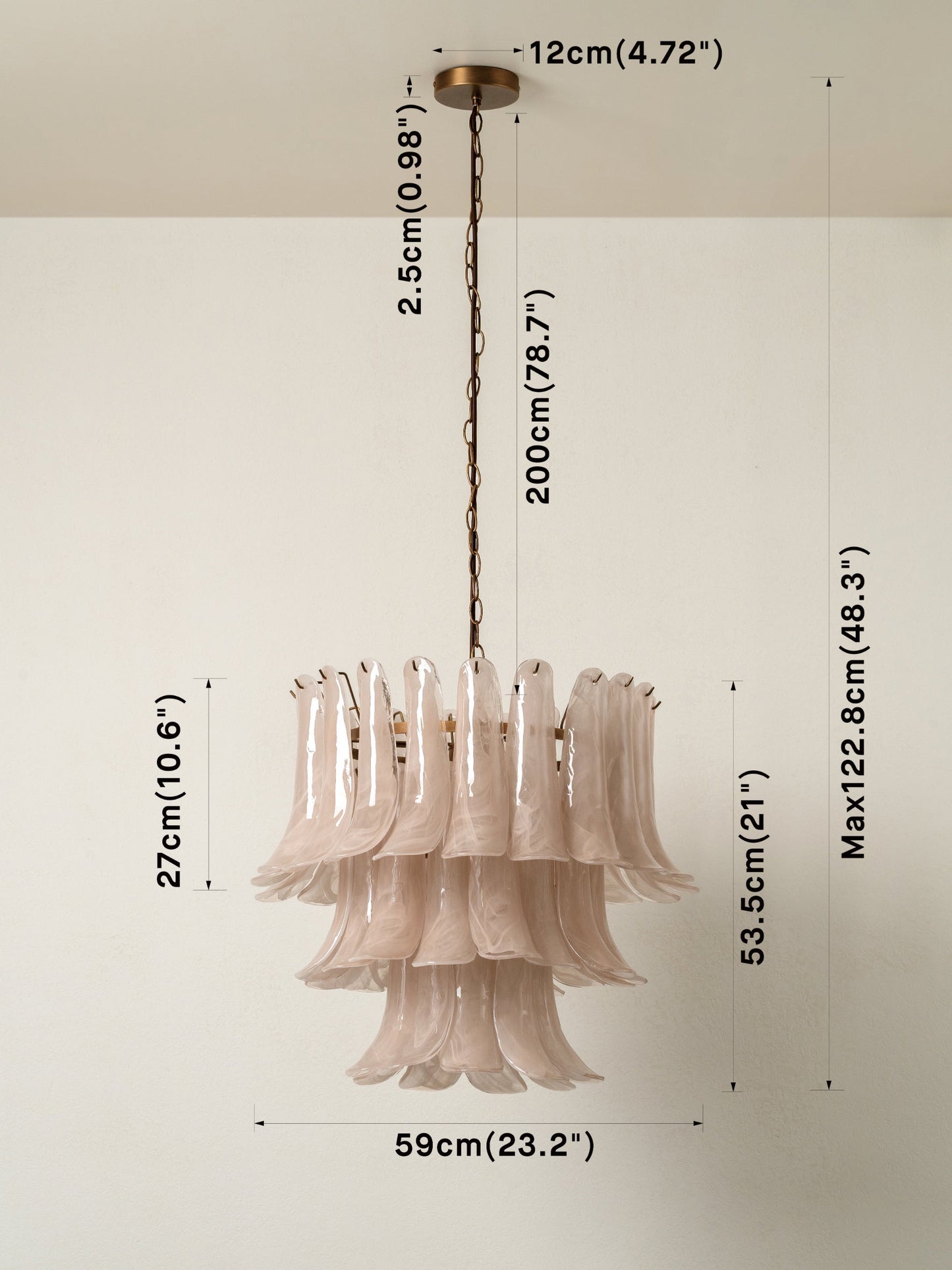 Hanglamp Art Deco met Gelaagde Glazen Bladeren en Messing Ketting