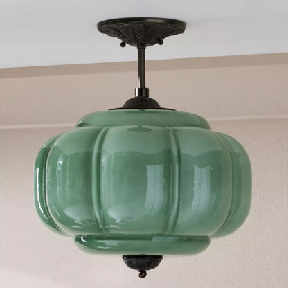 Hanglamp Art Deco met Geribbelde Glazen Kap en Gegoten Metalen Rozet