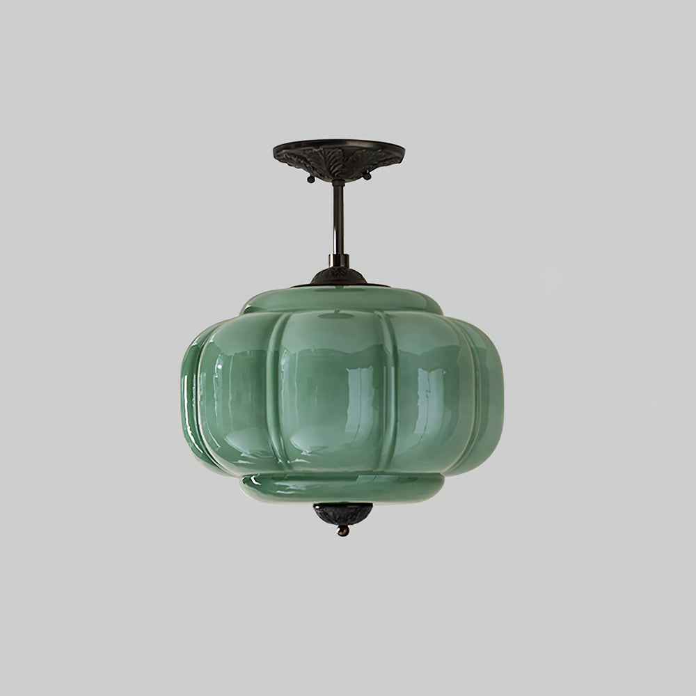 Hanglamp Art Deco met Geribbelde Glazen Kap en Gegoten Metalen Rozet