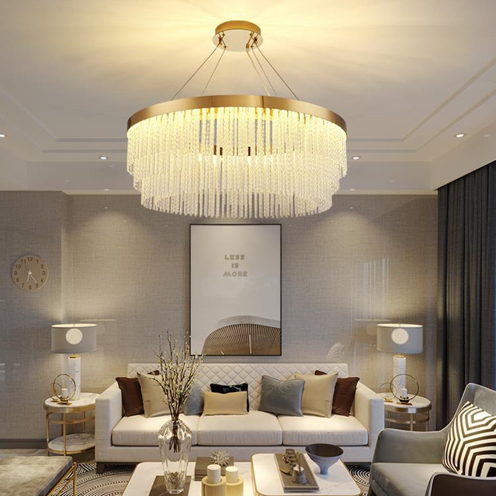 Hanglamp Art Deco met Kristallen Franjes en Gouden Ring