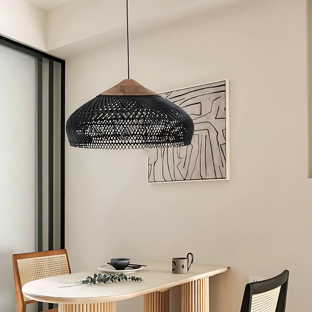 Hanglamp Bohemian met Gevlochten Kap en Houten Detail