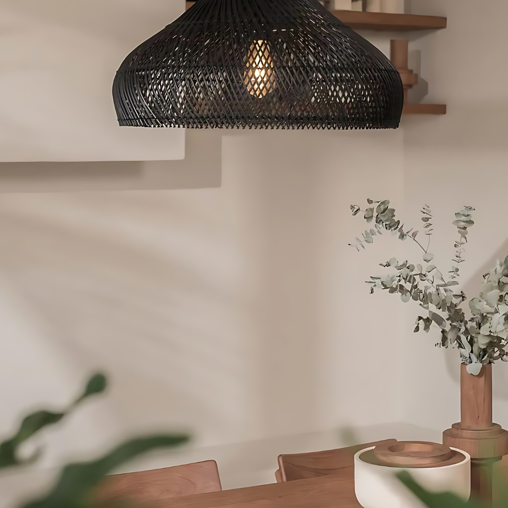Hanglamp Bohemian met Gevlochten Kap en Houten Detail