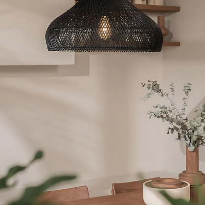 Hanglamp Bohemian met Gevlochten Kap en Houten Detail