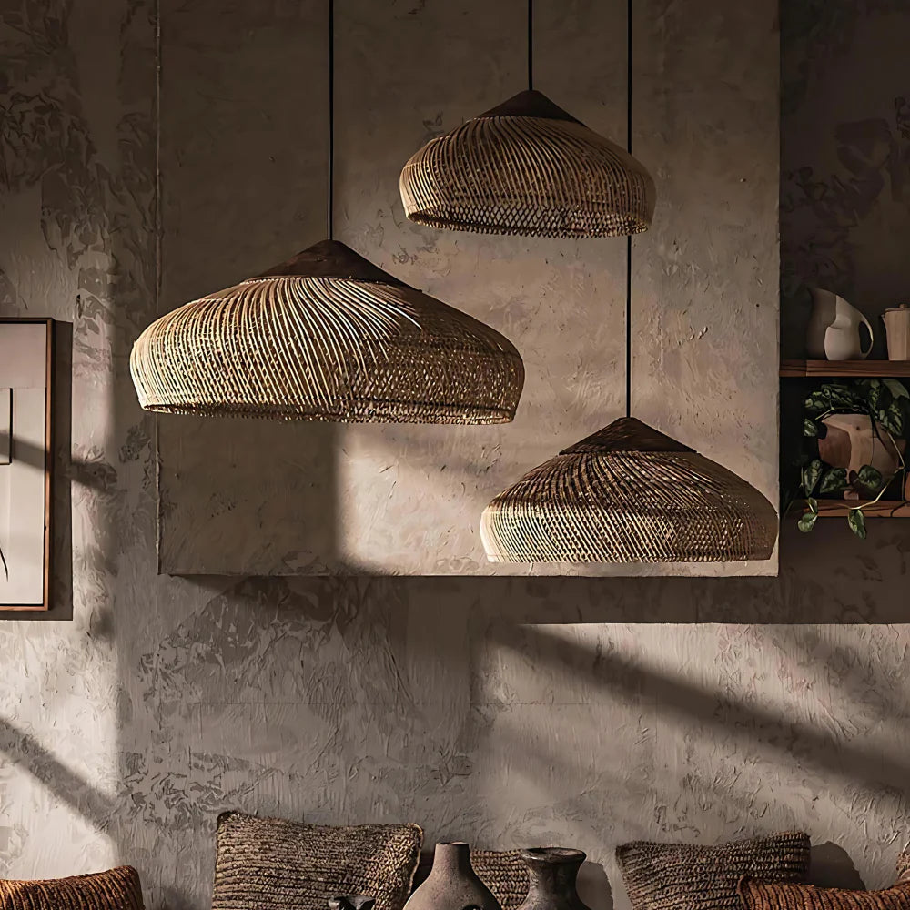 Hanglamp Bohemian met Gevlochten Kap en Houten Detail
