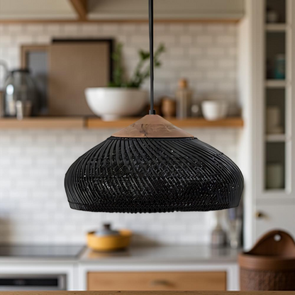 Hanglamp Bohemian met Gevlochten Kap en Houten Detail