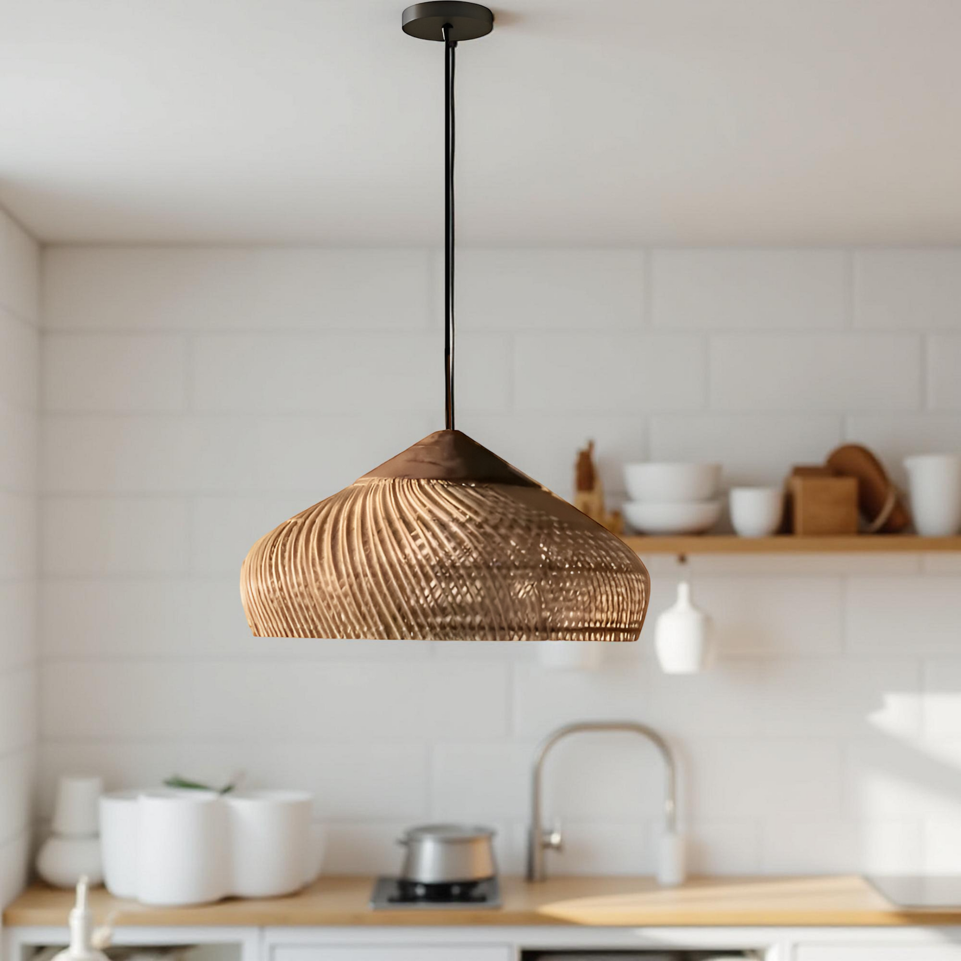 Hanglamp Bohemian met Gevlochten Kap en Houten Detail