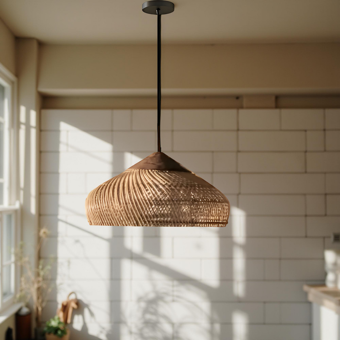 Hanglamp Bohemian met Gevlochten Kap en Houten Detail