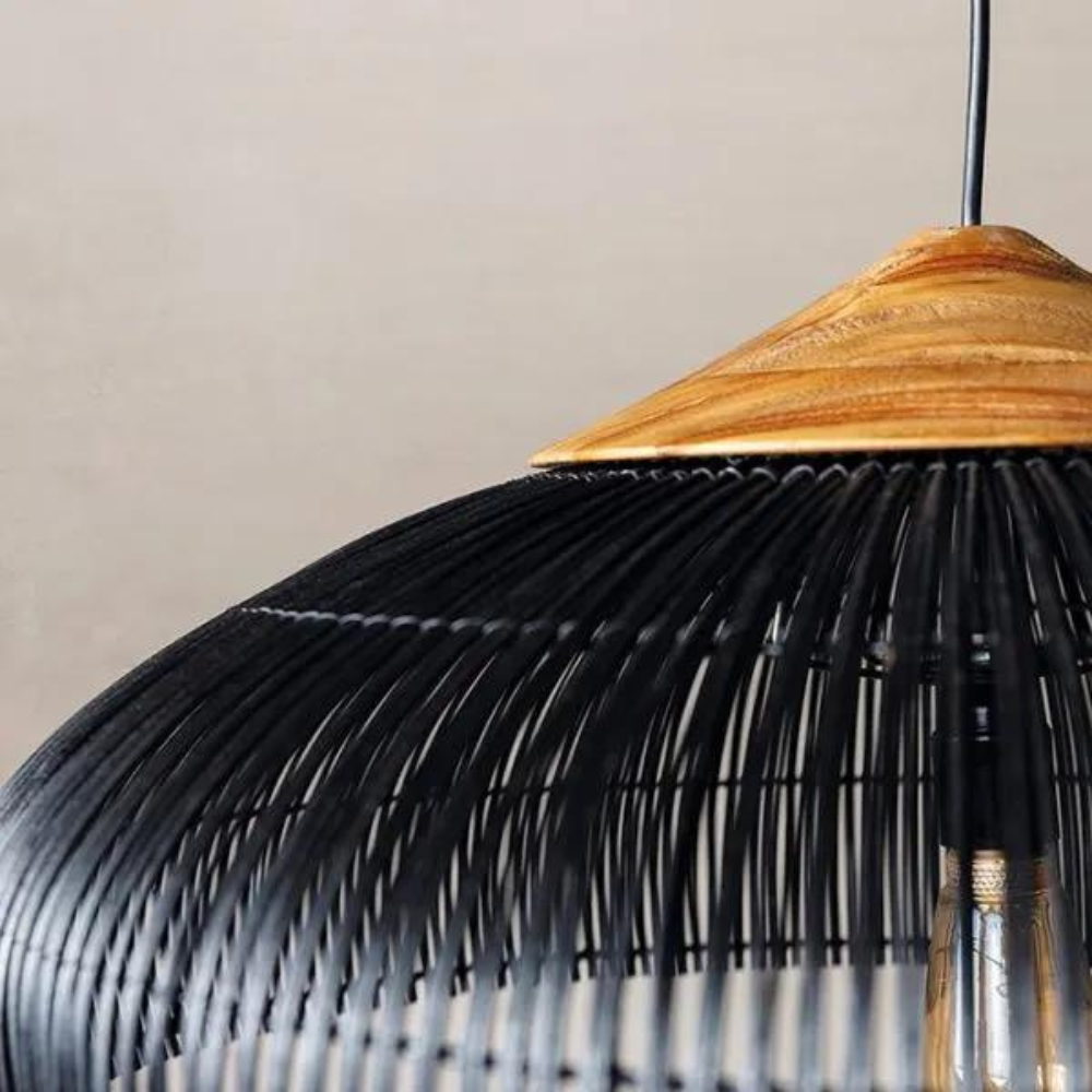 Hanglamp Bohemian met Gevlochten Kap en Houten Detail