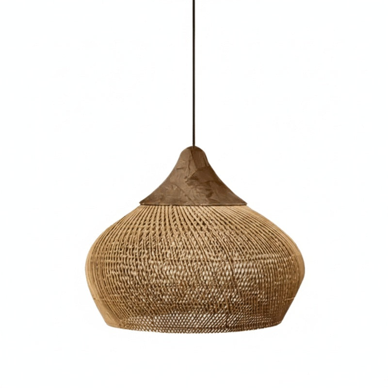 Hanglamp Bohemian met Gevlochten Rattankap en Houten Top