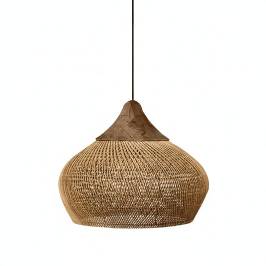 Hanglamp Bohemian met Gevlochten Rattankap en Houten Top