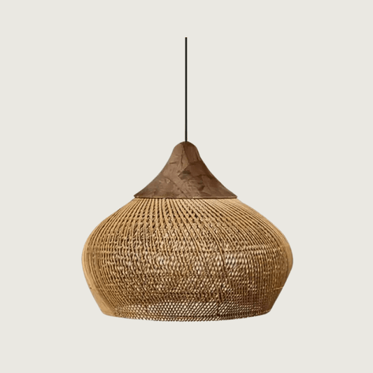 Hanglamp Bohemian met Gevlochten Rattankap en Houten Top