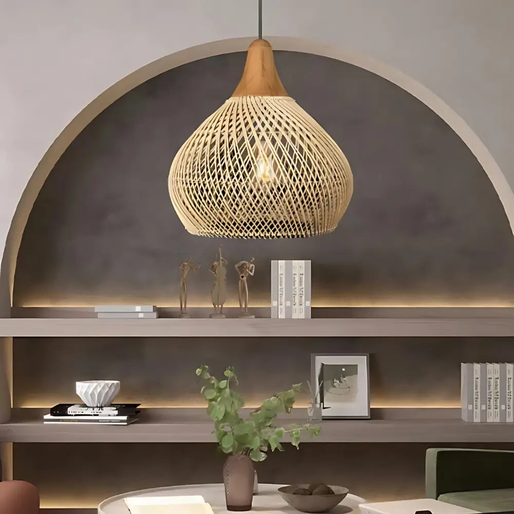 Hanglamp Bohemian met Gevlochten Rattankap en Houten Top