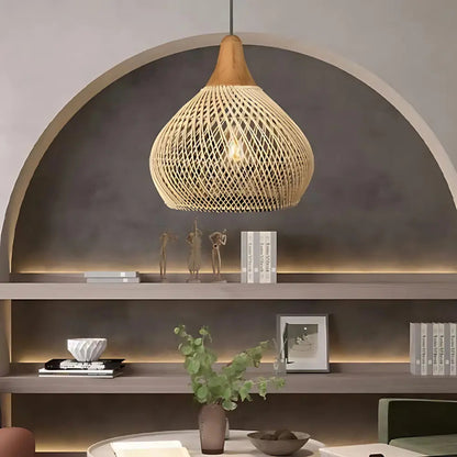 Hanglamp Bohemian met Gevlochten Rattankap en Houten Top