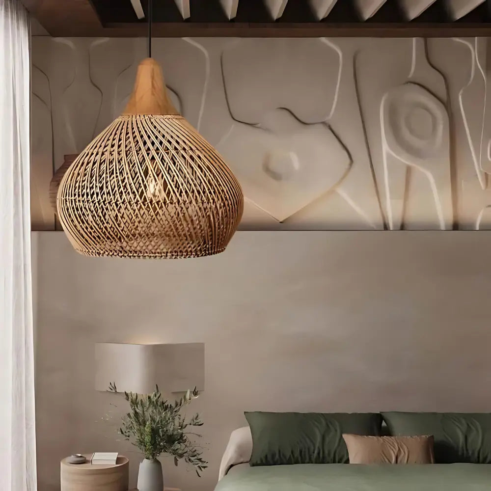 Hanglamp Bohemian met Gevlochten Rattankap en Houten Top