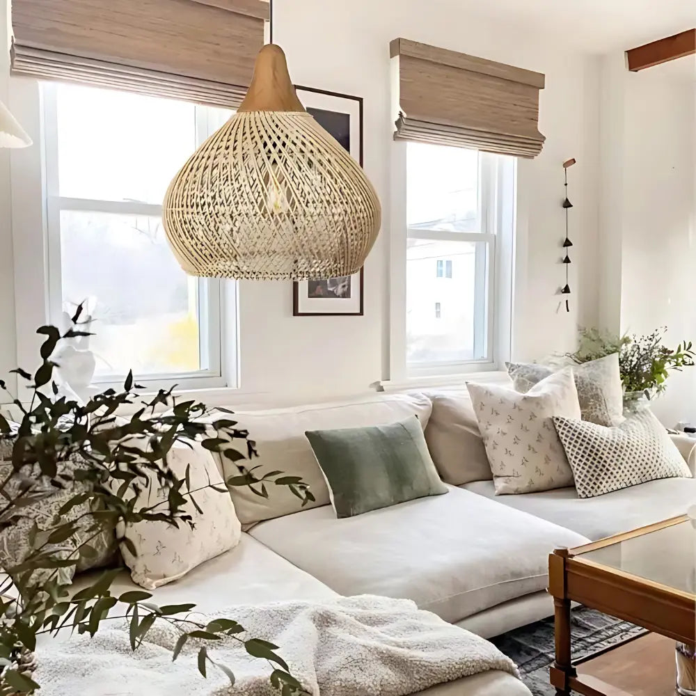 Hanglamp Bohemian met Gevlochten Rattankap en Houten Top
