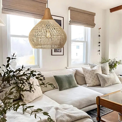 Hanglamp Bohemian met Gevlochten Rattankap en Houten Top