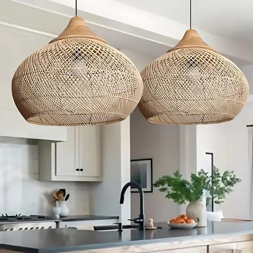 Hanglamp Bohemian met Gevlochten Rattankap en Houten Top