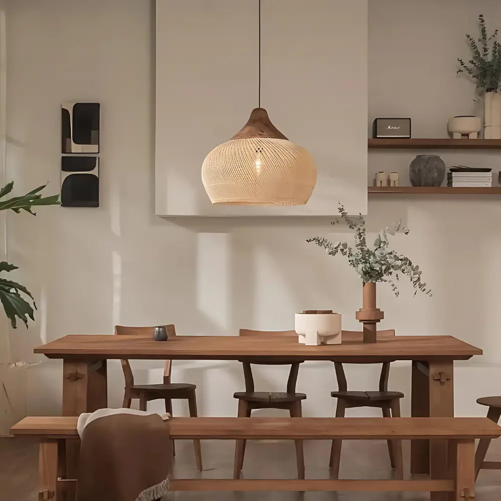 Hanglamp Bohemian met Gevlochten Rattankap en Houten Top