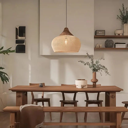 Hanglamp Bohemian met Gevlochten Rattankap en Houten Top