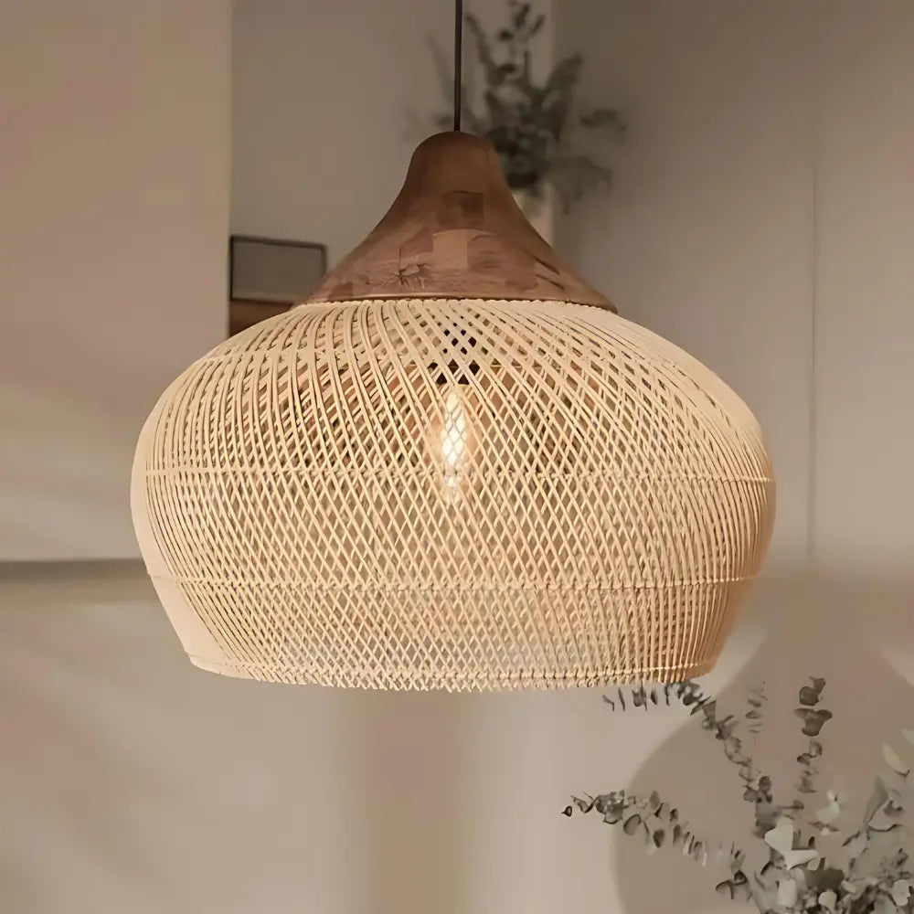 Hanglamp Bohemian met Gevlochten Rattankap en Houten Top