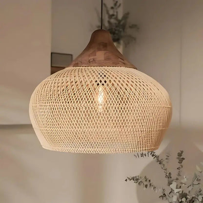 Hanglamp Bohemian met Gevlochten Rattankap en Houten Top