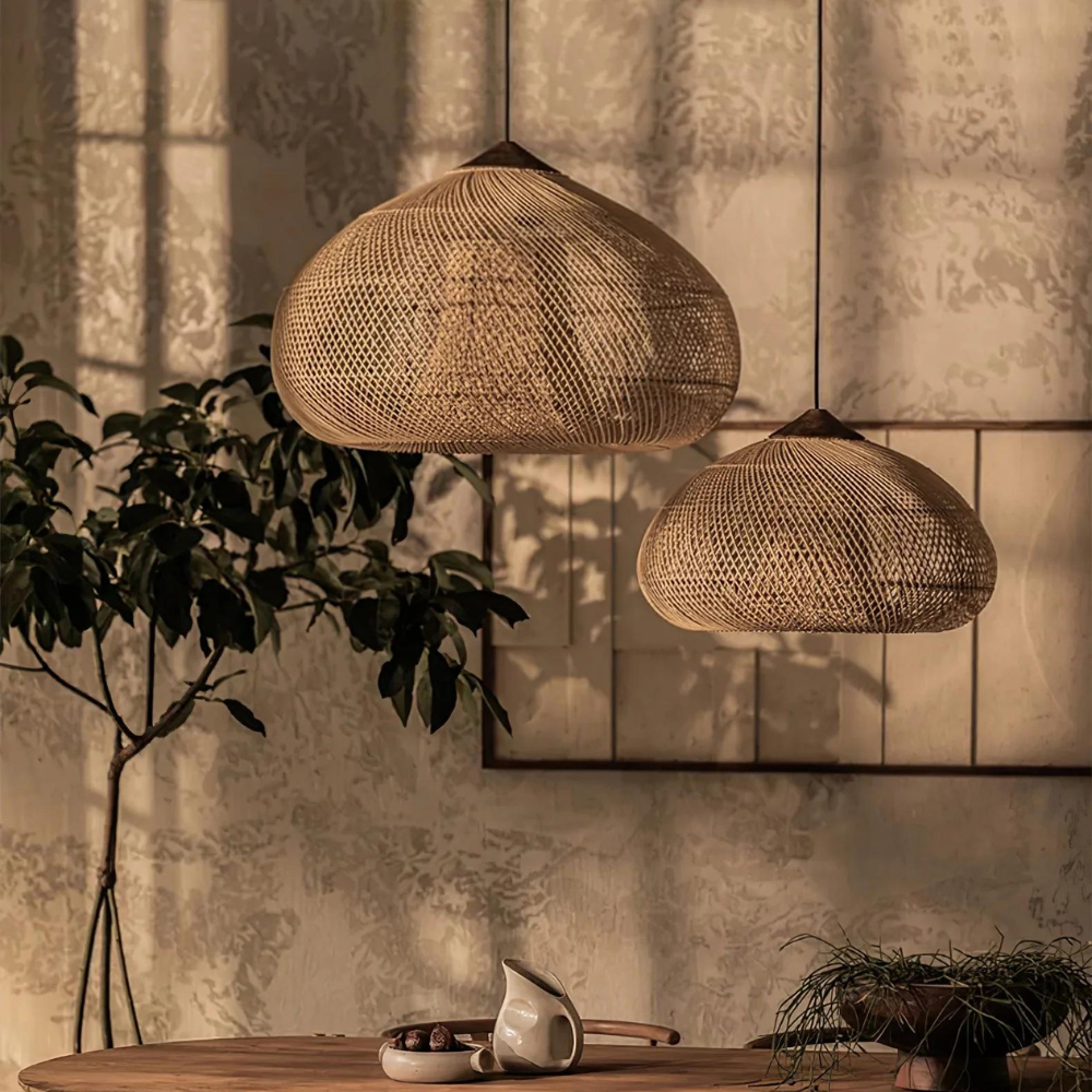 Hanglamp Bohemian met Gevlochten Rotan Kap en Houten Fitting