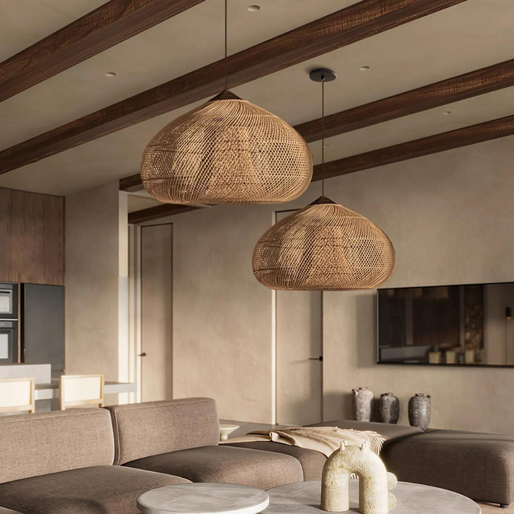 Hanglamp Bohemian met Gevlochten Rotan Kap en Houten Fitting