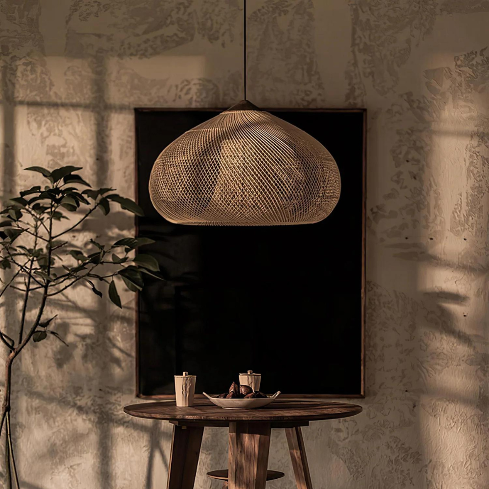 Hanglamp Bohemian met Gevlochten Rotan Kap en Houten Fitting