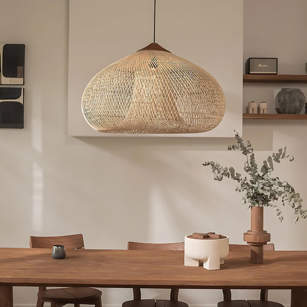 Hanglamp Bohemian met Gevlochten Rotan Kap en Houten Fitting