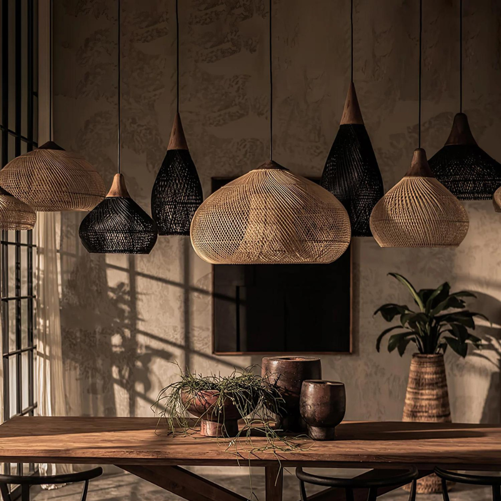 Hanglamp Bohemian met Gevlochten Rotan Kap en Houten Fitting