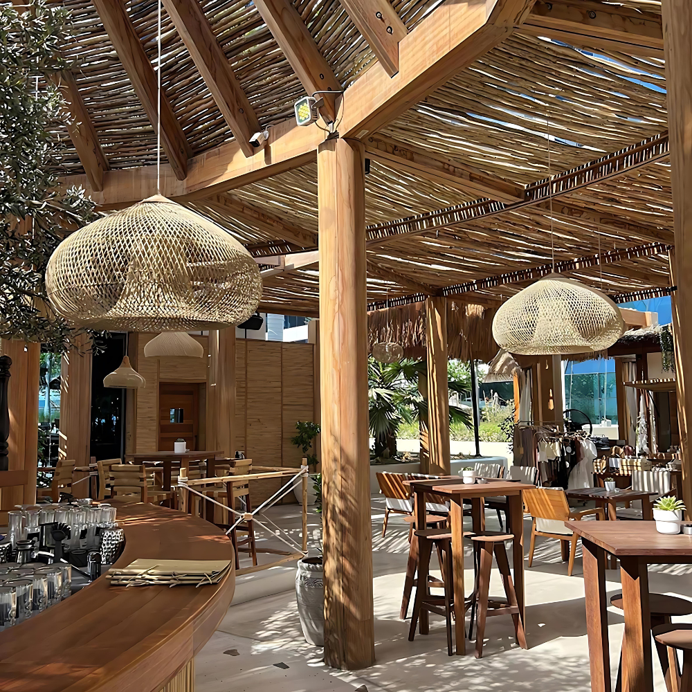 Hanglamp Bohemian met Gevlochten Rotan Kap en Houten Fitting