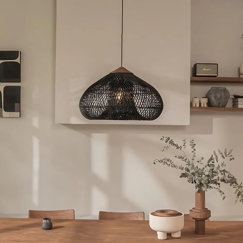 Hanglamp Bohemian met Gevlochten Rotan Kap en Houten Fitting