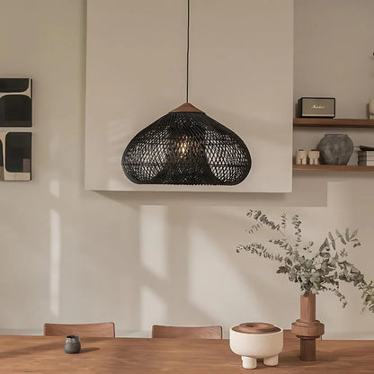 Hanglamp Bohemian met Gevlochten Rotan Kap en Houten Fitting