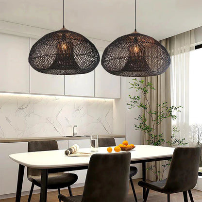Hanglamp Bohemian met Gevlochten Rotan Kap en Houten Fitting