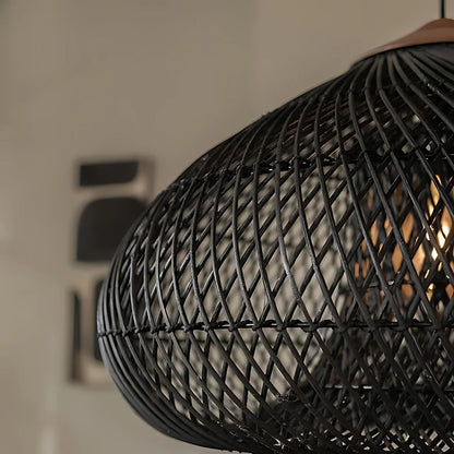 Hanglamp Bohemian met Gevlochten Rotan Kap en Houten Fitting