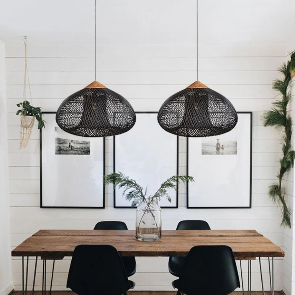 Hanglamp Bohemian met Gevlochten Rotan Kap en Houten Fitting