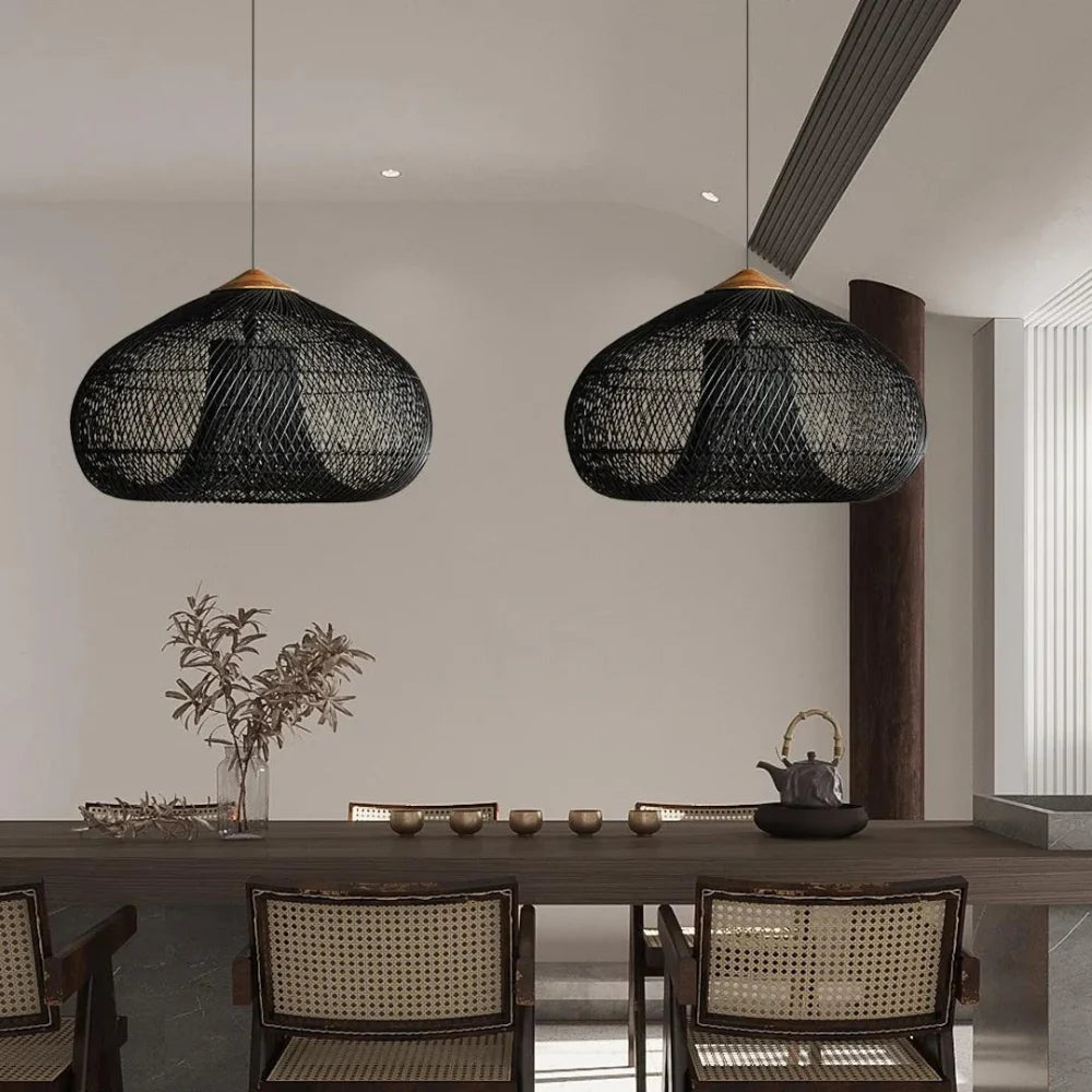 Hanglamp Bohemian met Gevlochten Rotan Kap en Houten Fitting