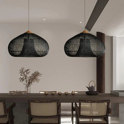Hanglamp Bohemian met Gevlochten Rotan Kap en Houten Fitting