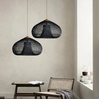 Hanglamp Bohemian met Gevlochten Rotan Kap en Houten Fitting