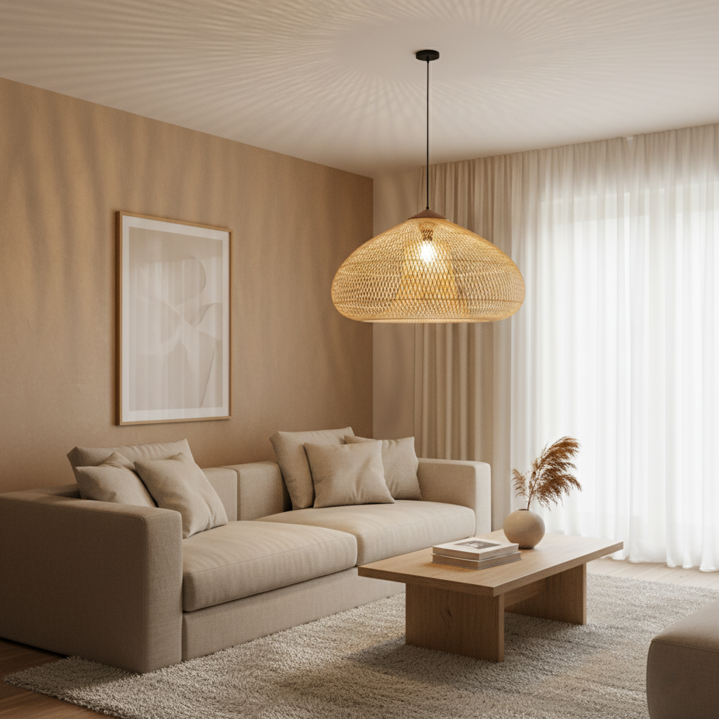 Hanglamp Bohemian met Gevlochten Rotan Kap en Houten Fitting