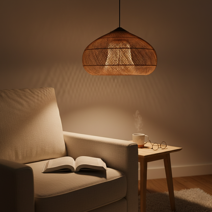 Hanglamp Bohemian met Gevlochten Rotan Kap en Houten Fitting