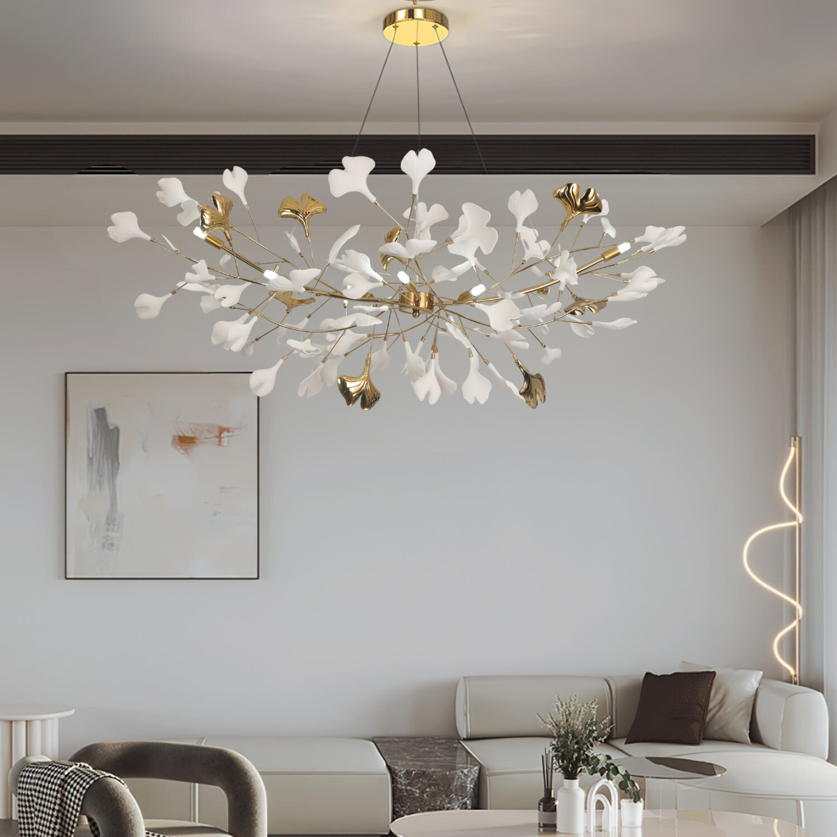 Hanglamp Bohemian met Ginkgo Bladeren en Gouden Frame
