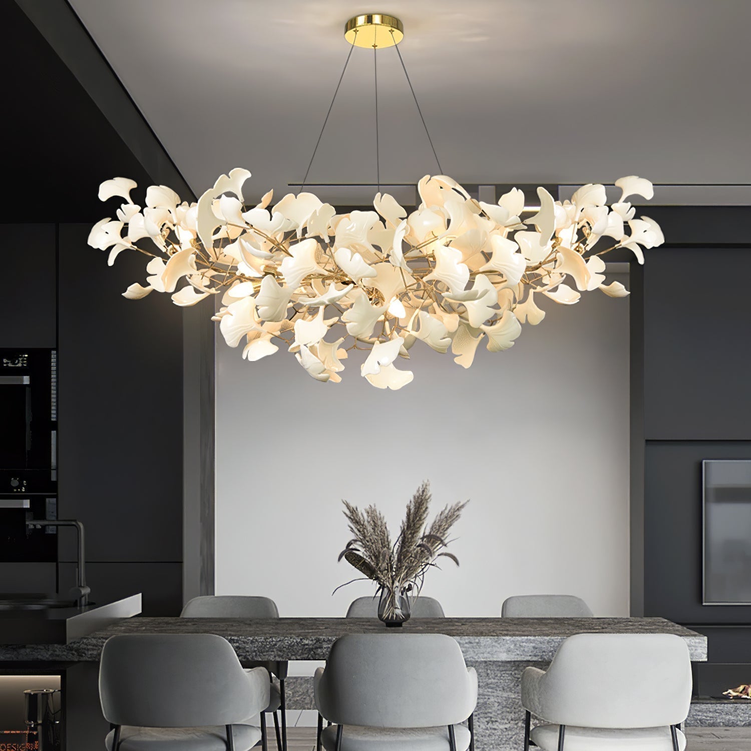 Hanglamp Bohemian met Ginkgo Bladeren en Gouden Frame