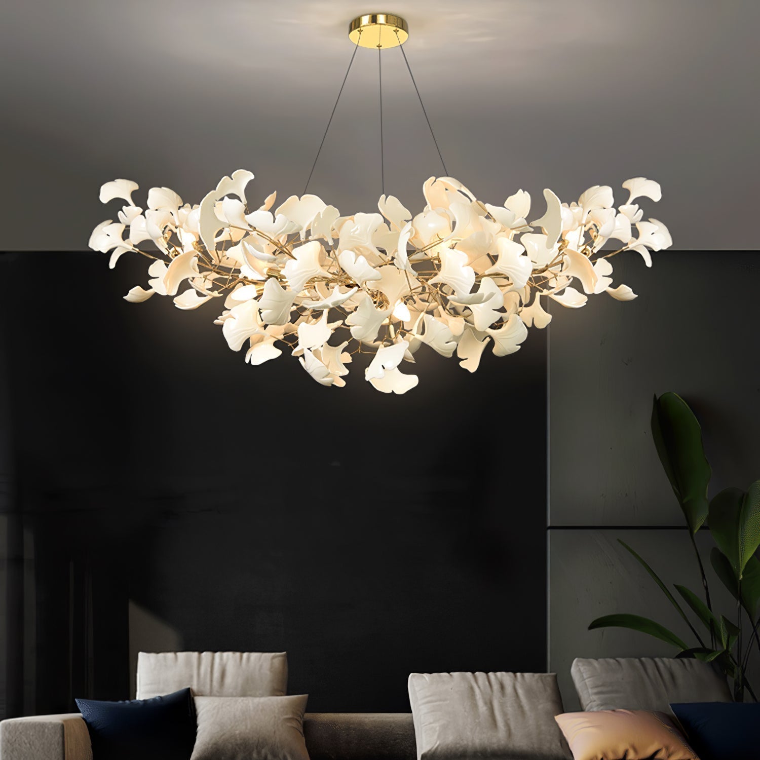 Hanglamp Bohemian met Ginkgo Bladeren en Gouden Frame