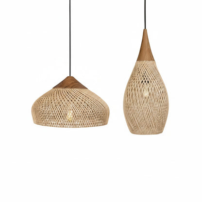 Hanglamp Bohemian Rotan met Houten Top en Gevlochten Kap