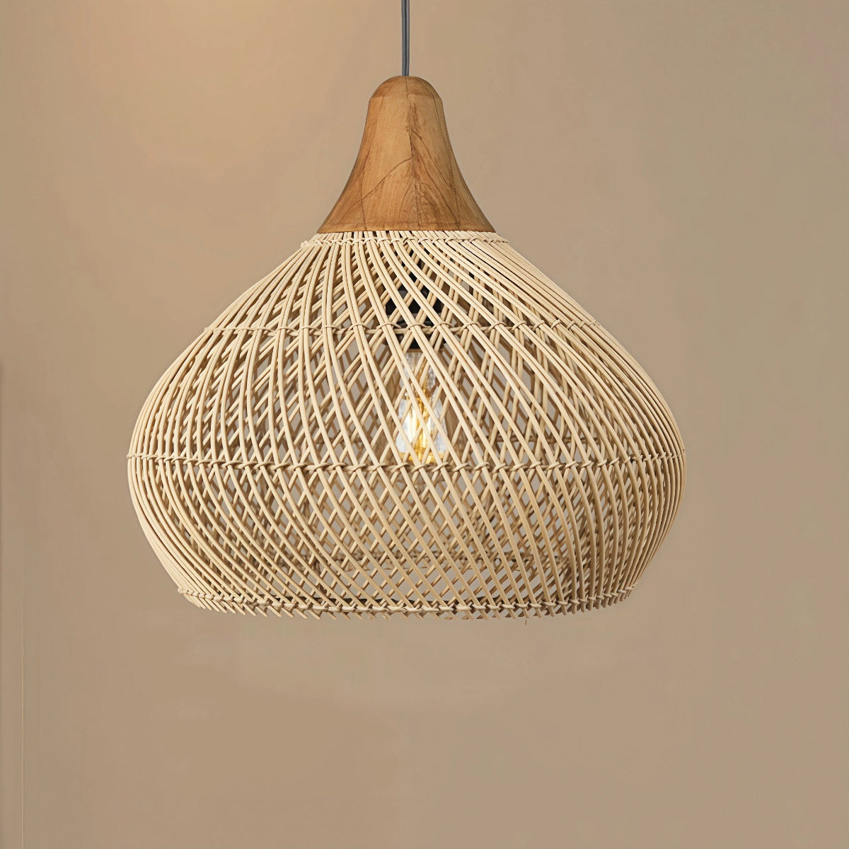 Hanglamp Bohemian Rotan met Houten Top en Gevlochten Kap