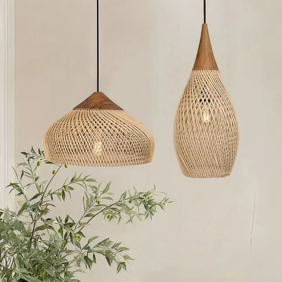 Hanglamp Bohemian Rotan met Houten Top en Gevlochten Kap